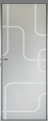 A glass door panel carrying a pattern of rounded, interlocking lines.