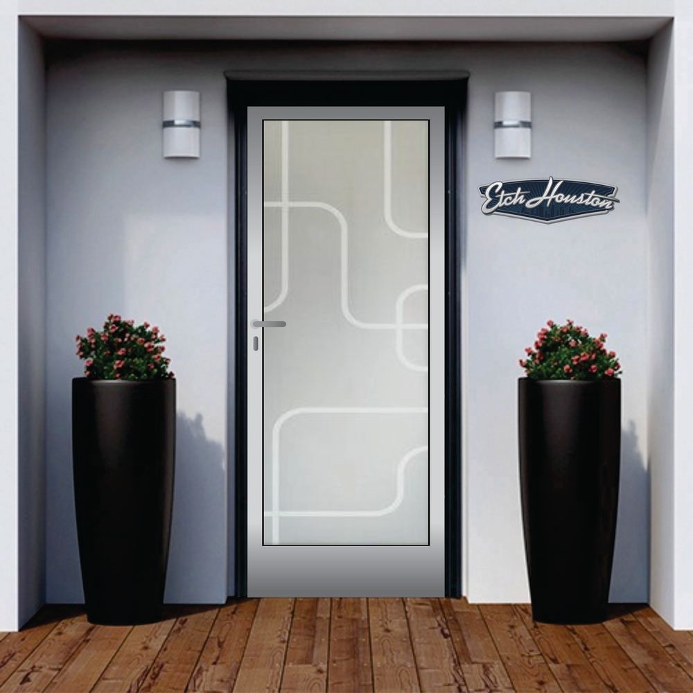 An entrance door with a decorative glass panel carrying a pattern of rounded, interlocking lines, between two tall black planters.