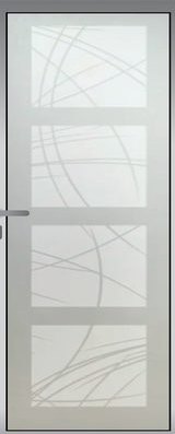 A glass door panel carrying four frosted panes crossed by sweeping arcs.