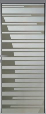A glass door panel carrying staggered horizontal bars.