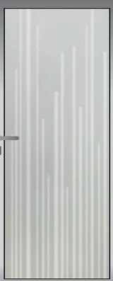 A glass door panel carrying fine vertical lines of different heights.