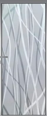 A glass door panel carrying flowing, reed-like strands.