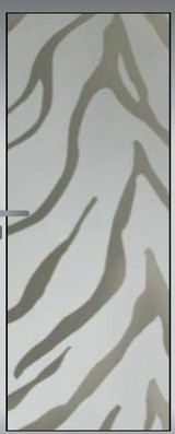 A glass door panel carrying a zebra-stripe pattern.