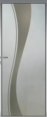 A glass door panel carrying a single tall S-shaped wave.