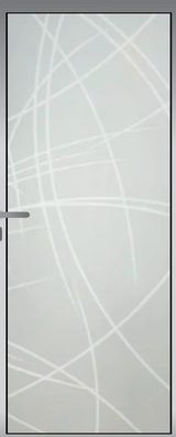 A glass door panel carrying a dense web of crossing arcs.