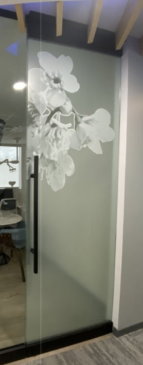 A frosted glass office door carrying a light floral pattern, with a long steel handle.