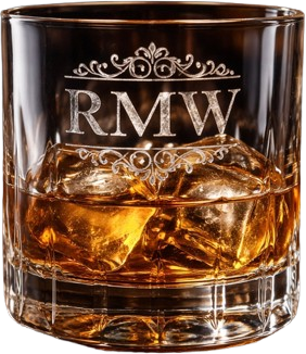 A cut-crystal whisky tumbler etched with a scrolled RMW monogram.