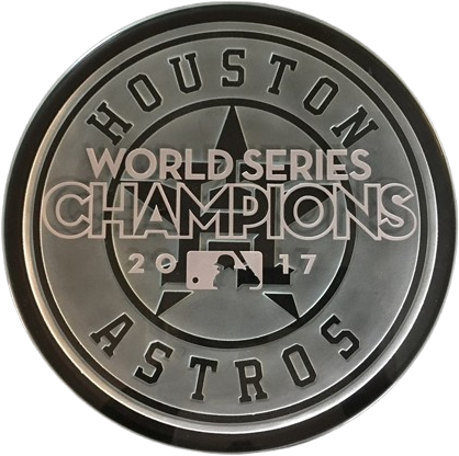 A circular etched glass seal reading Houston Astros World Series Champions 2017, carved in relief.